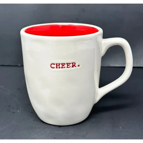 RAE DUNN CHEER White Coffee Mug Typewriter Font Red Interior 20 oz Christmas - Picture 1 of 7